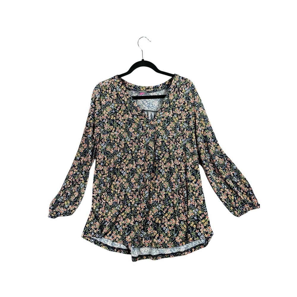 Vince Camuto Floral Blouse XL Boho Peasant Top V Neck Long Sleeve Elastic Cuffs